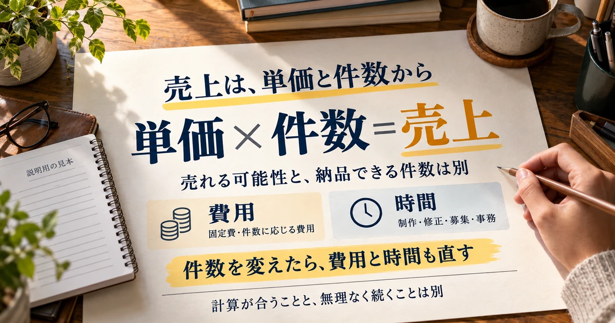 単価と件数から売上を積み上げ費用と作業時間の条件を照合する