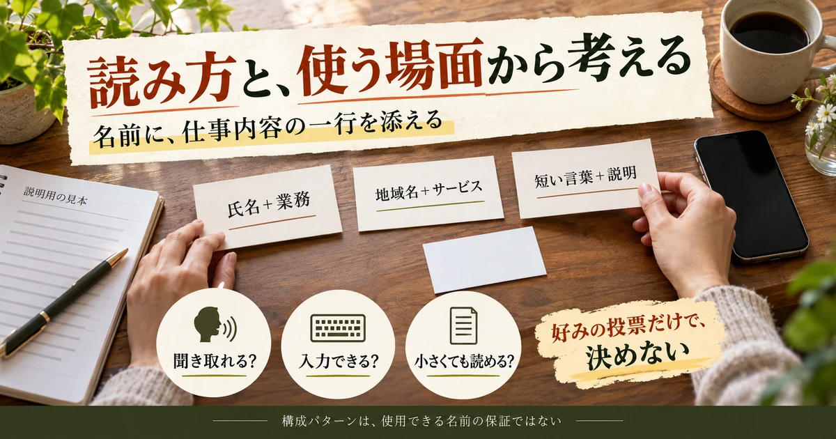 屋号の候補を読み方・仕事の説明・入力と小画面での使いやすさから確認する