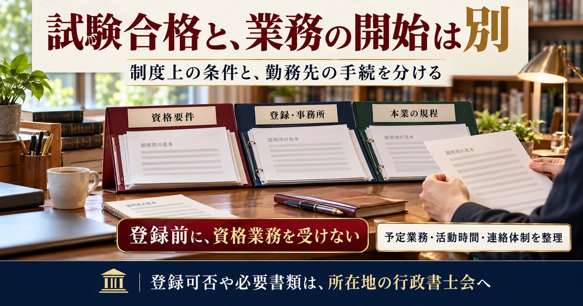 試験合格と業務開始を分けて資格要件・登録事務所・本業規程を確認
