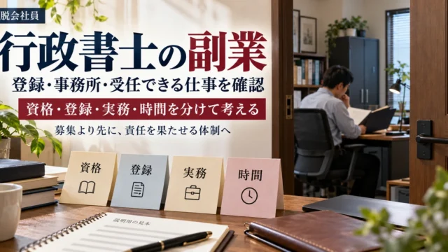 行政書士の副業に向け資格・登録・実務・時間を整理する事務所風景