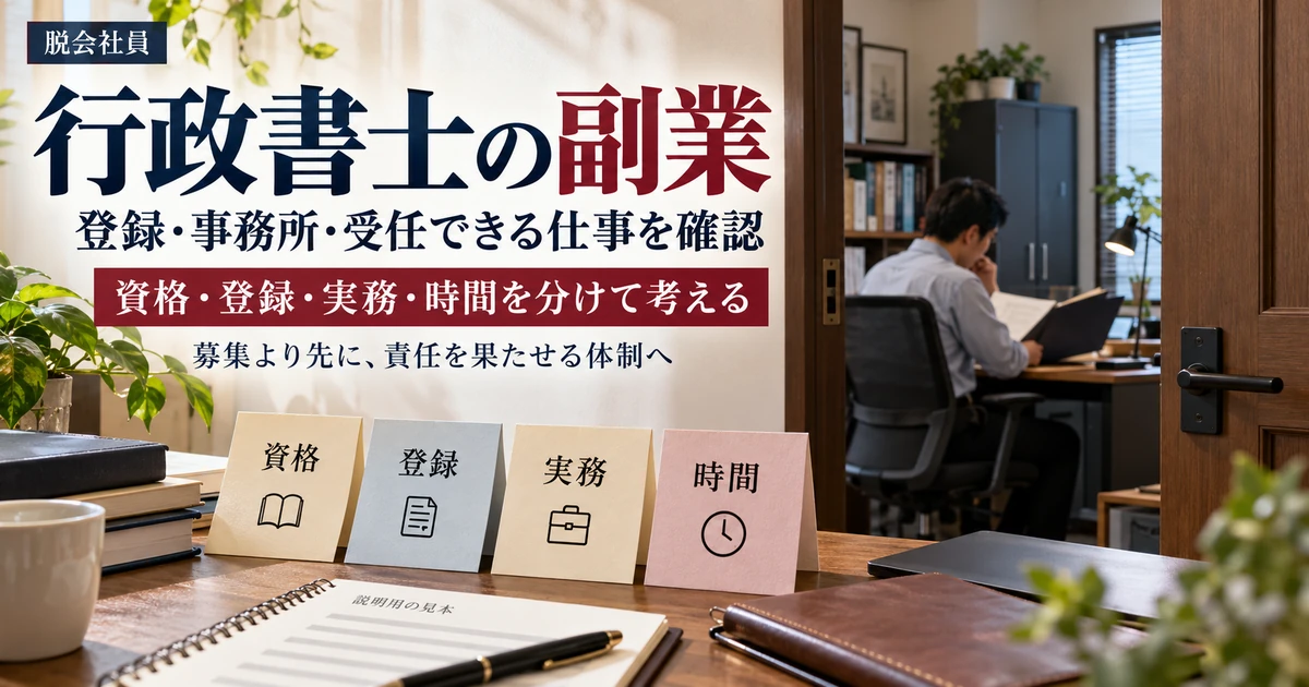 行政書士の副業に向け資格・登録・実務・時間を整理する事務所風景