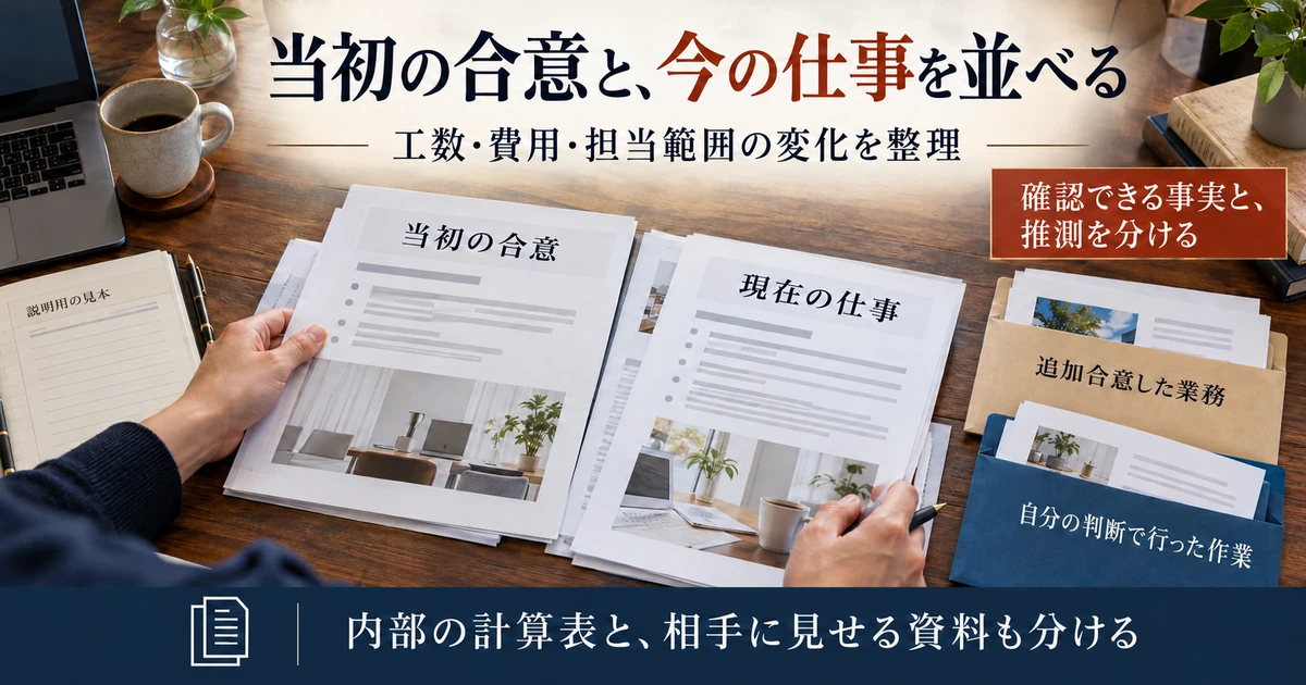 当初の合意と現在の仕事を並べて単価見直しの材料を整理する