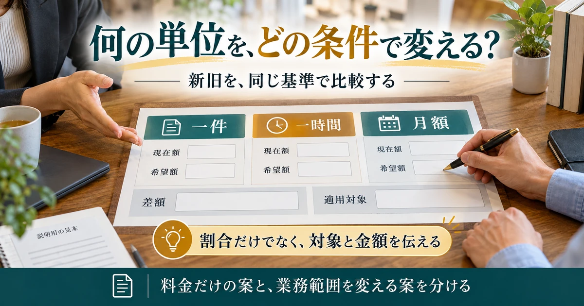 一件・一時間・月額の単位をそろえ新旧料金を比較する説明用シート
