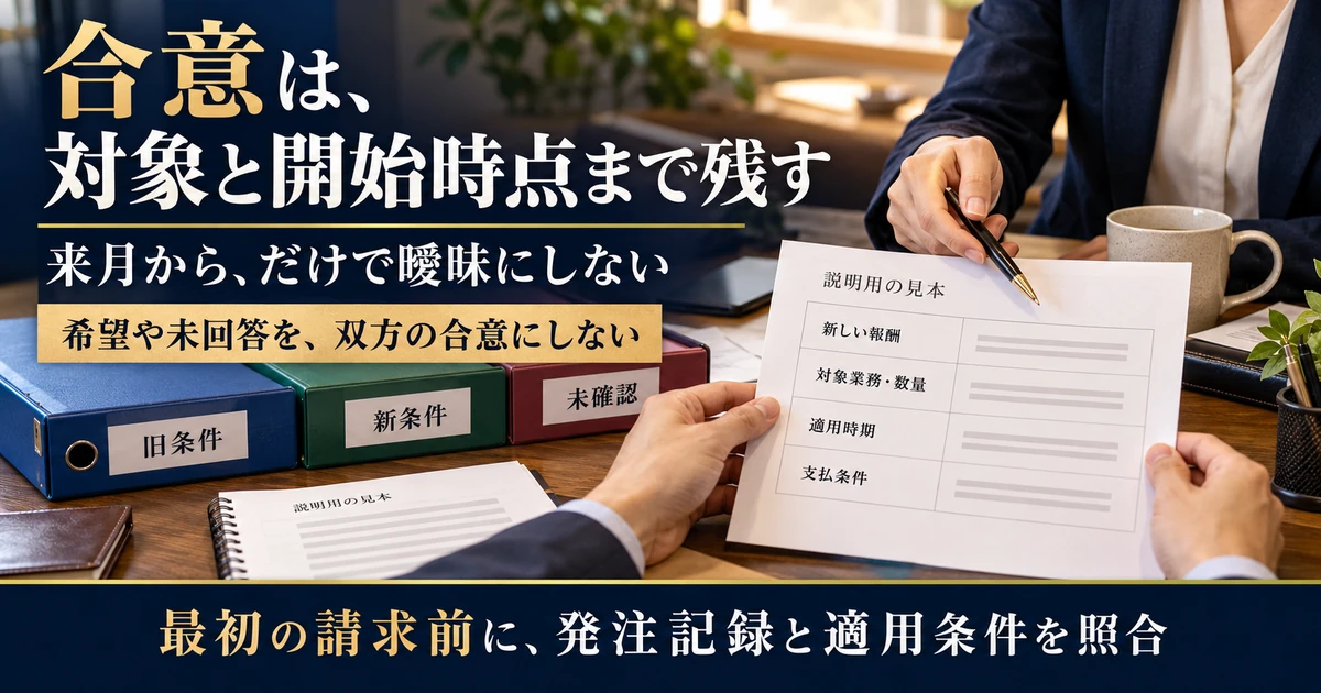 新条件の対象と適用時期を記録して最初の請求前に照合する