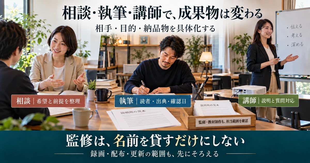 相談・執筆・講師それぞれの成果物と確認事項を整理