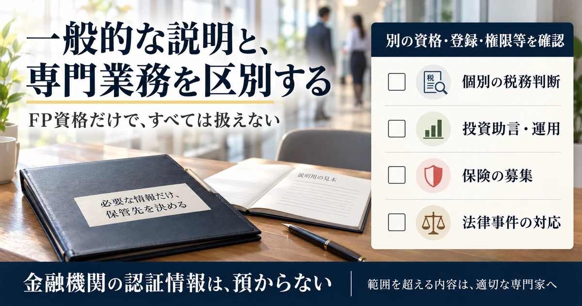 一般説明と専門業務を区別しFP資格以外の資格登録権限を確認