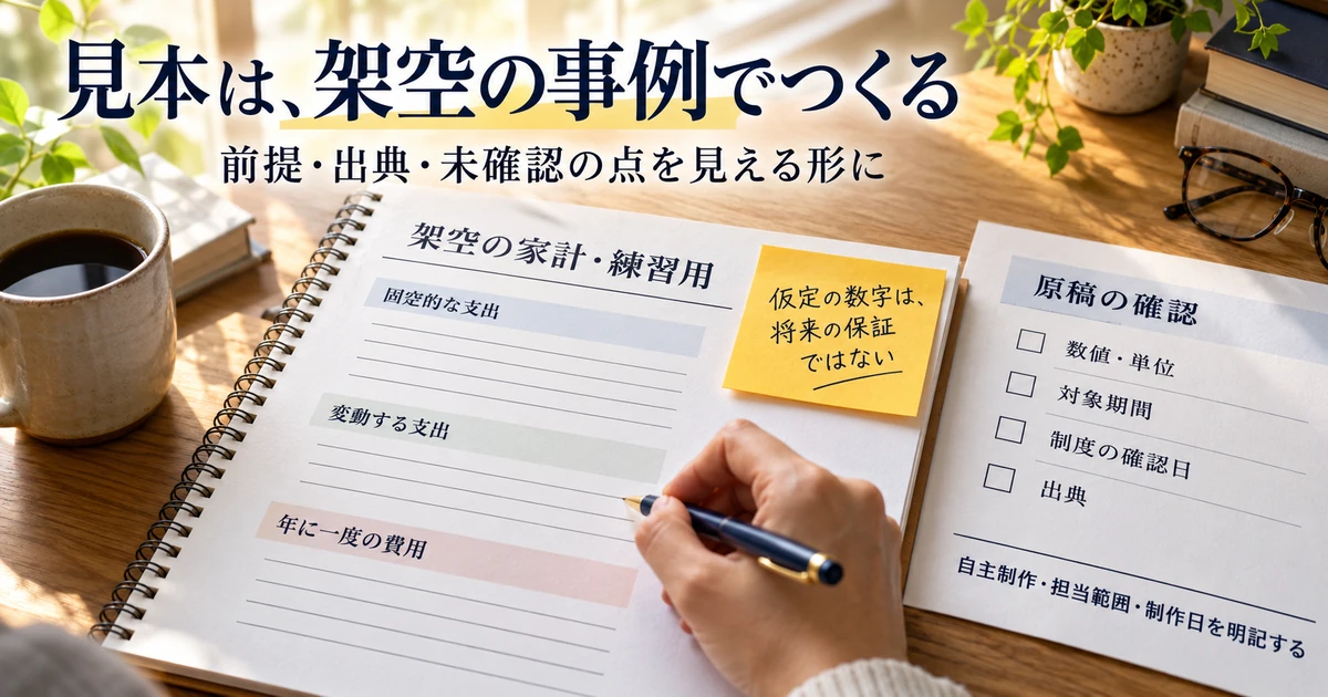 架空家計の練習用見本と出典や対象期間を確認する原稿チェック