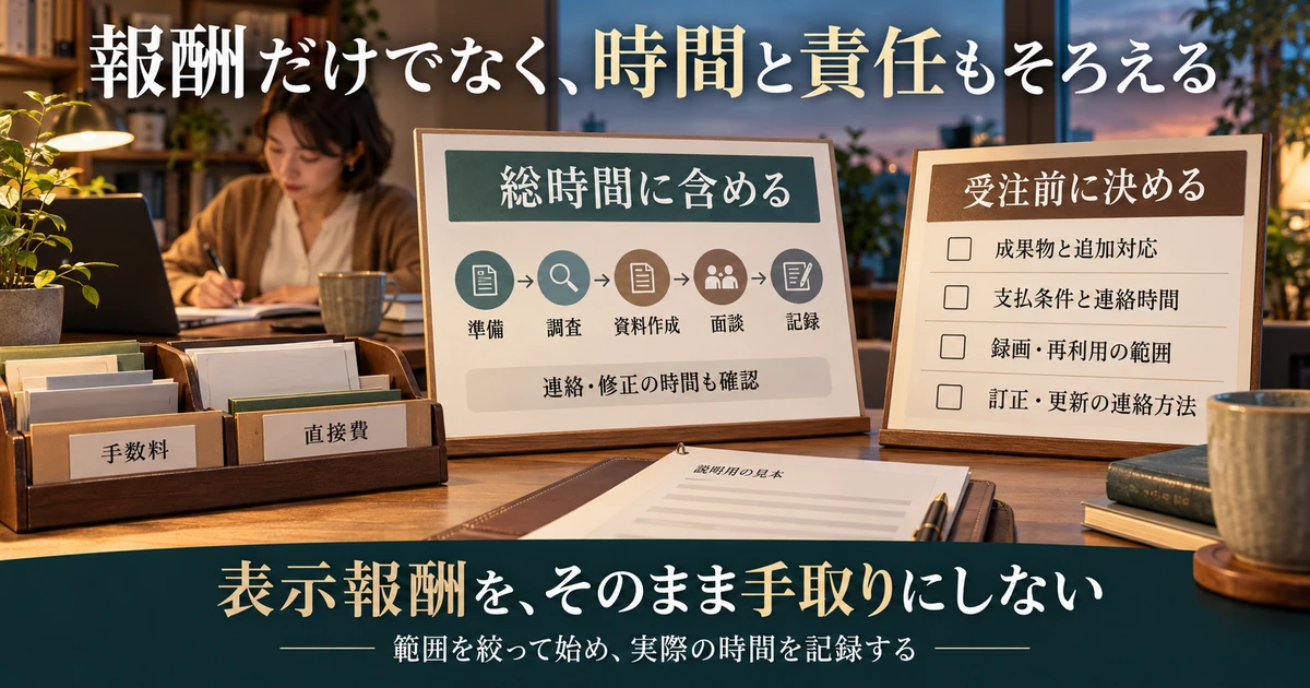 FP副業の総時間と成果物・支払・訂正更新などの受注条件を整理