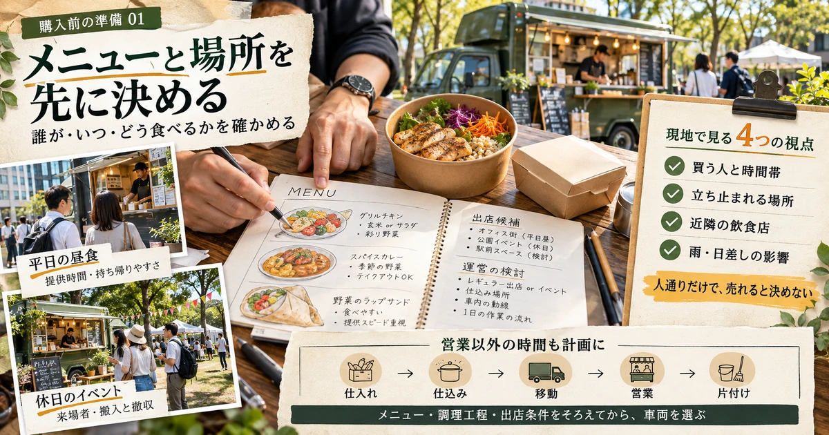 車両購入前にメニューと出店候補を検討し、顧客と時間帯、立ち止まれる場所、近隣店、天候、営業前後の作業を確認する計画図
