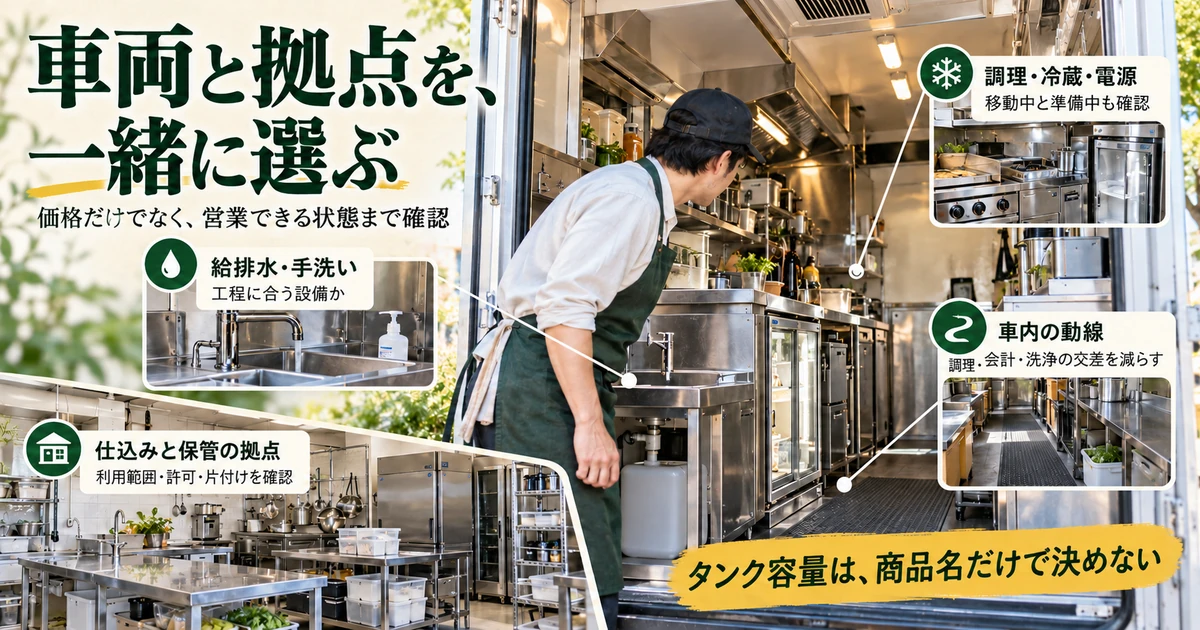 キッチンカーの給排水と手洗い、調理と冷蔵と電源、車内動線、仕込み保管の拠点を合わせて確認する図