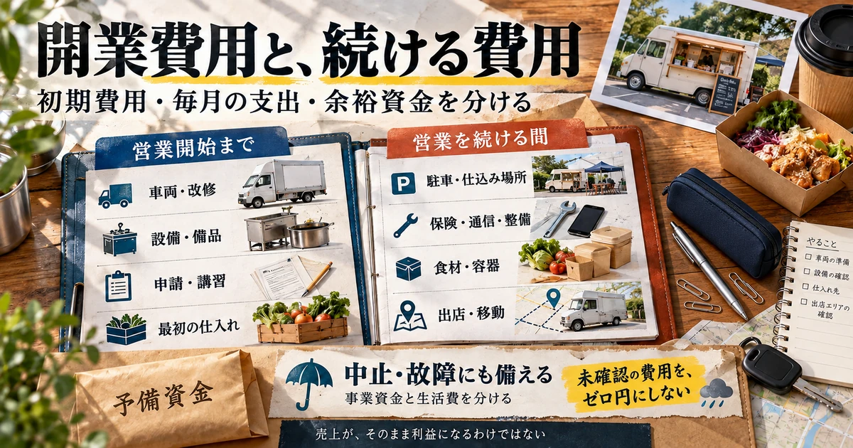 キッチンカーの開業までの費用と営業を続ける費用を分類し、中止や故障に備える資金を確認する図
