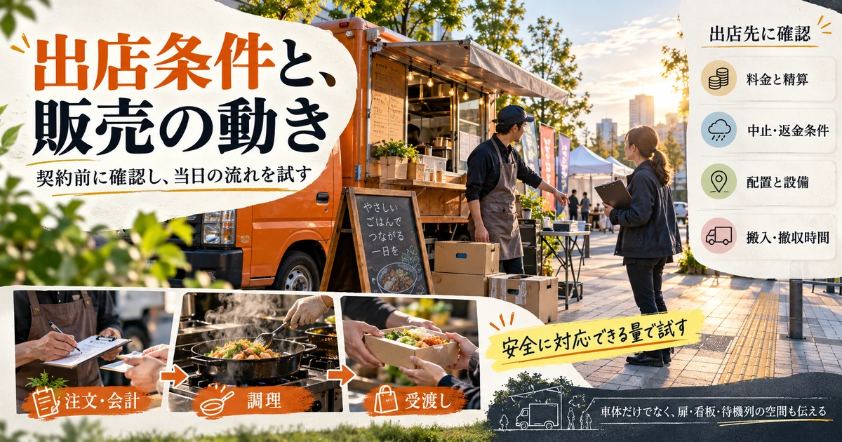 出店先の料金精算、中止返金、配置設備、搬入撤収を確認し、注文会計から調理、受渡しまでを試す流れ
