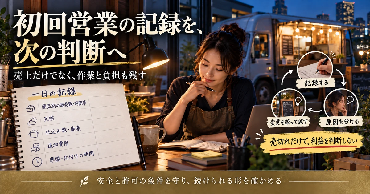 初回営業の販売数、天候、仕込み廃棄、追加費用、準備片付け時間を記録し、原因を分けて変更を絞る振返りの流れ