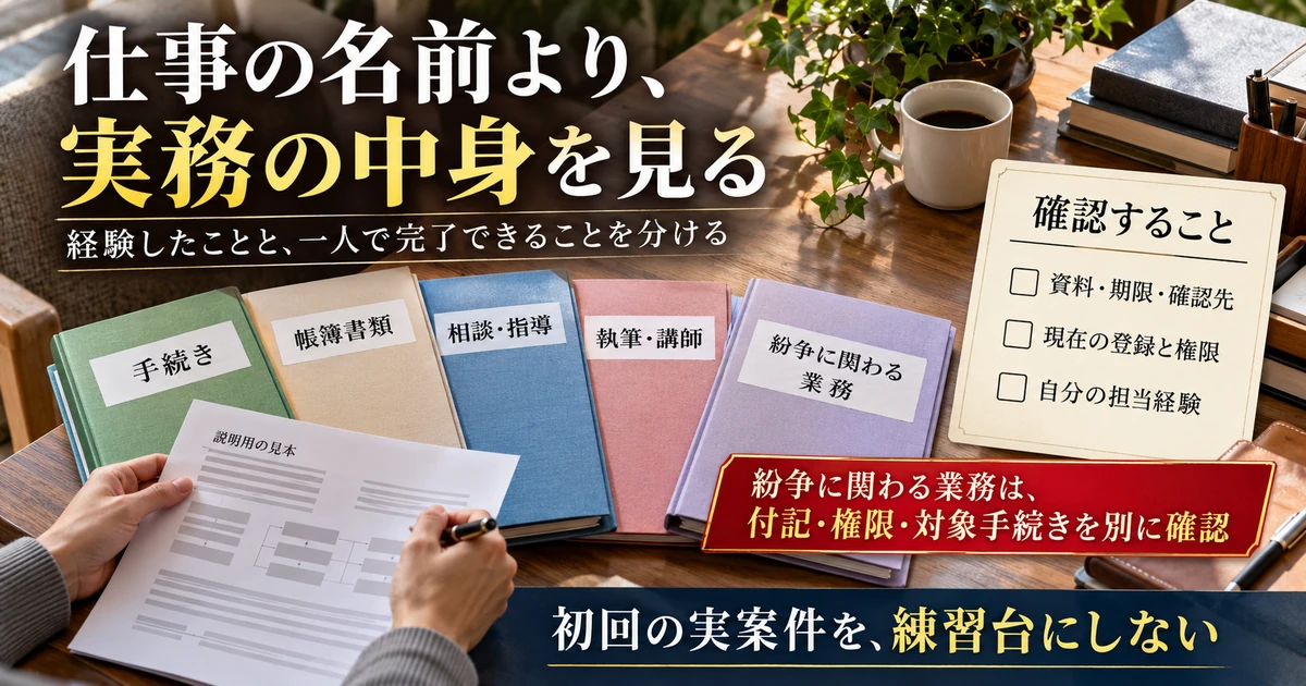 仕事の名称より実務内容と現在の登録権限を確認する