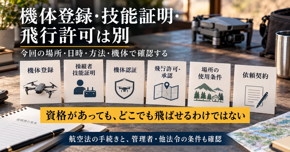 機体登録・技能証明・認証・許可・場所・契約を個別に確認