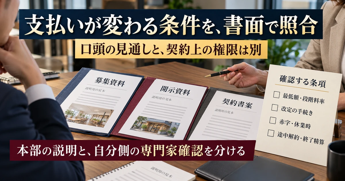 募集資料・開示資料・契約書案を照合して支払いの変化を確認