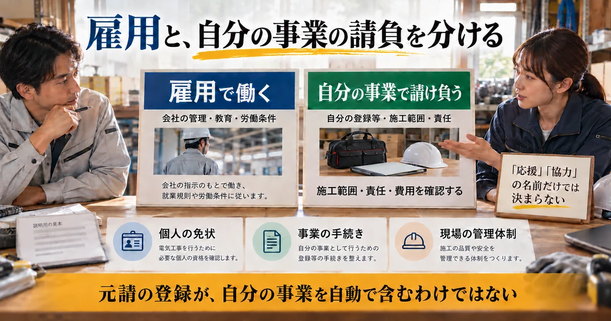 雇用で働く場合と自分の事業で工事を請け負う場合を区別