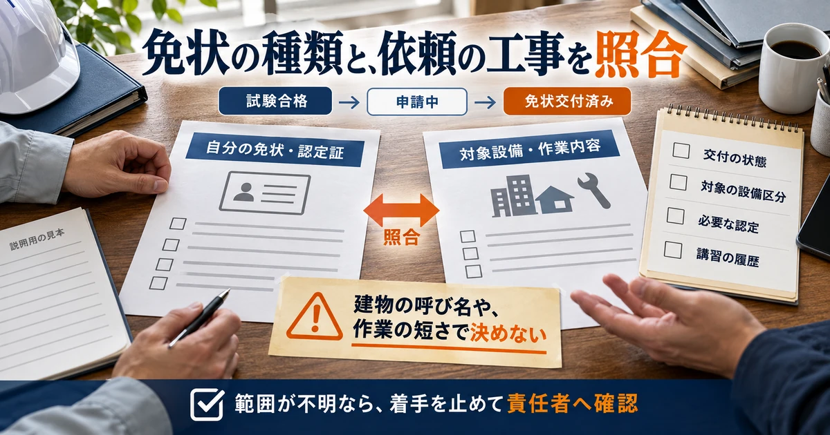 免状の種類と交付状態を対象設備や作業内容に照合する