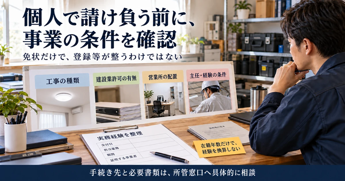 個人で工事を請け負う前に事業登録と営業所や実務経験を確認