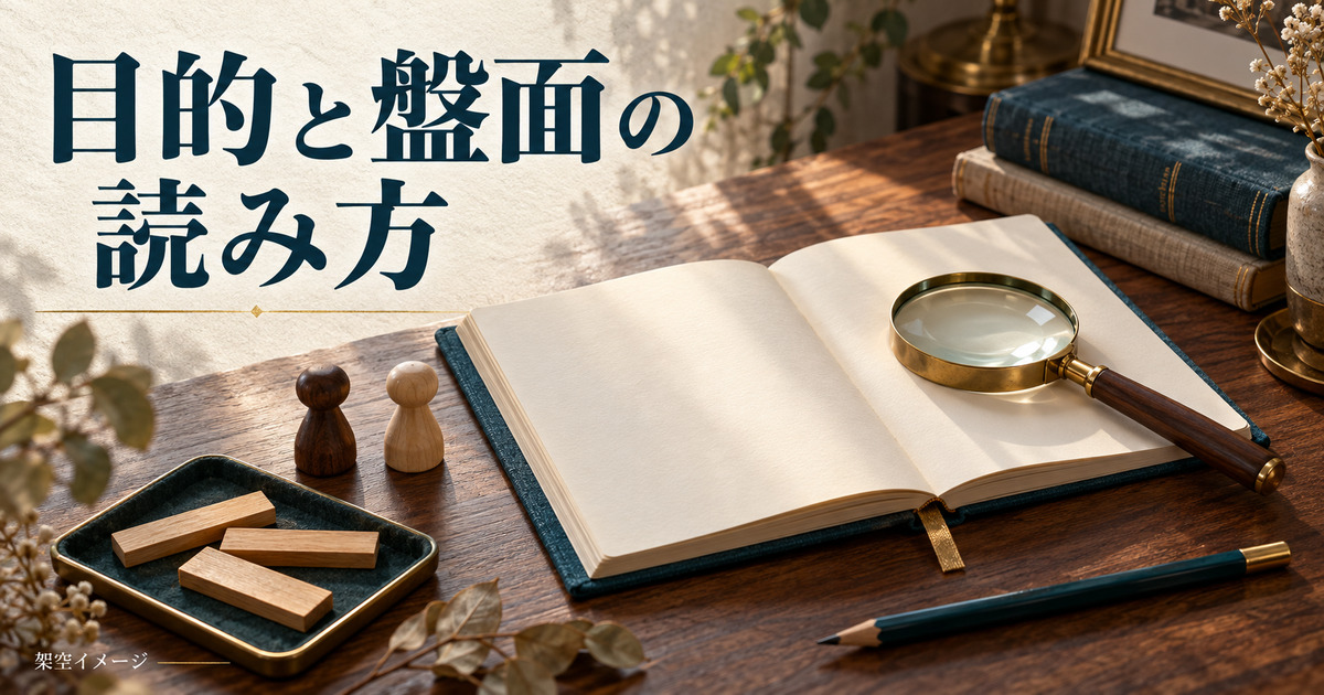 目的と盤面の読み方を学ぶことを表す、ノート・虫眼鏡・木製駒の架空イメージ。