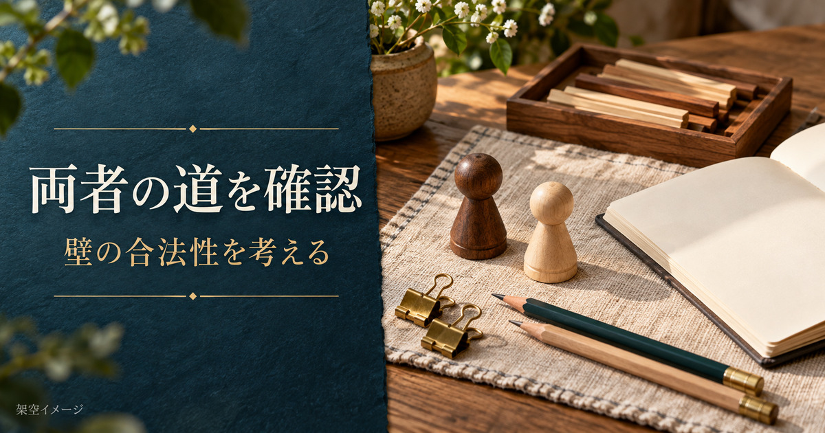 自分と相手の道を確認する学習を表す、二つの木製駒とノートの架空イメージ。