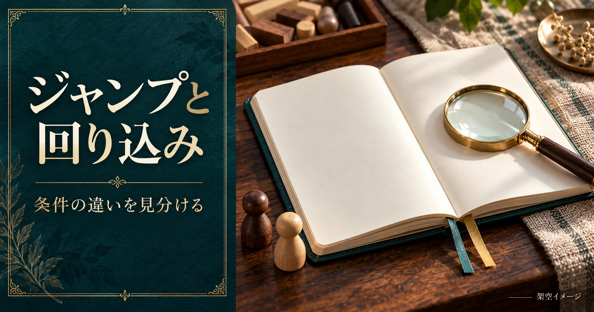 ジャンプと回り込みの条件を比較する学習を表す、虫眼鏡と白紙ノートの架空イメージ。