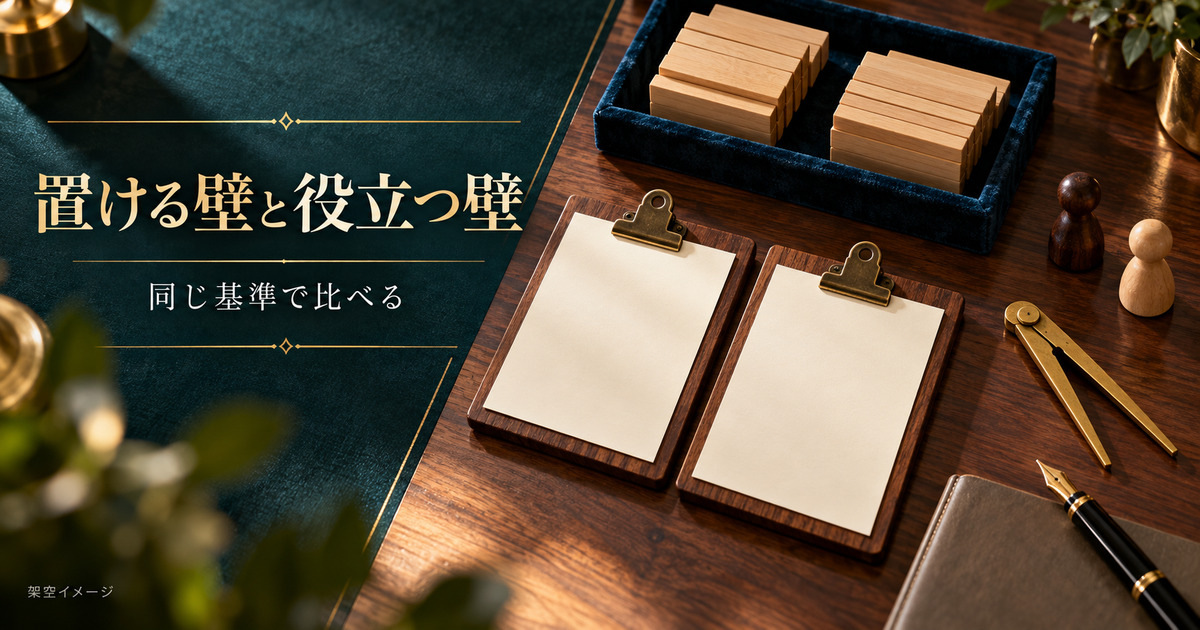 壁の合法性と効果の比較を表す、二枚の白紙カードと木製駒の架空イメージ。