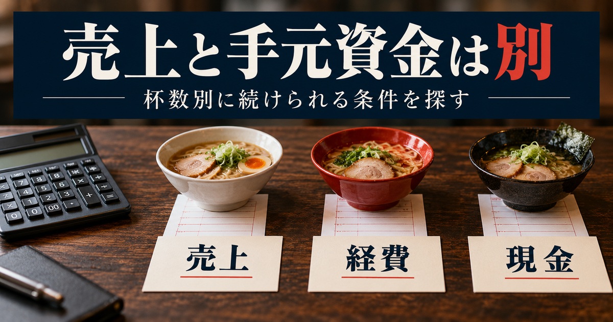 売上と手元資金を分け、杯数別に継続できる条件を探す。