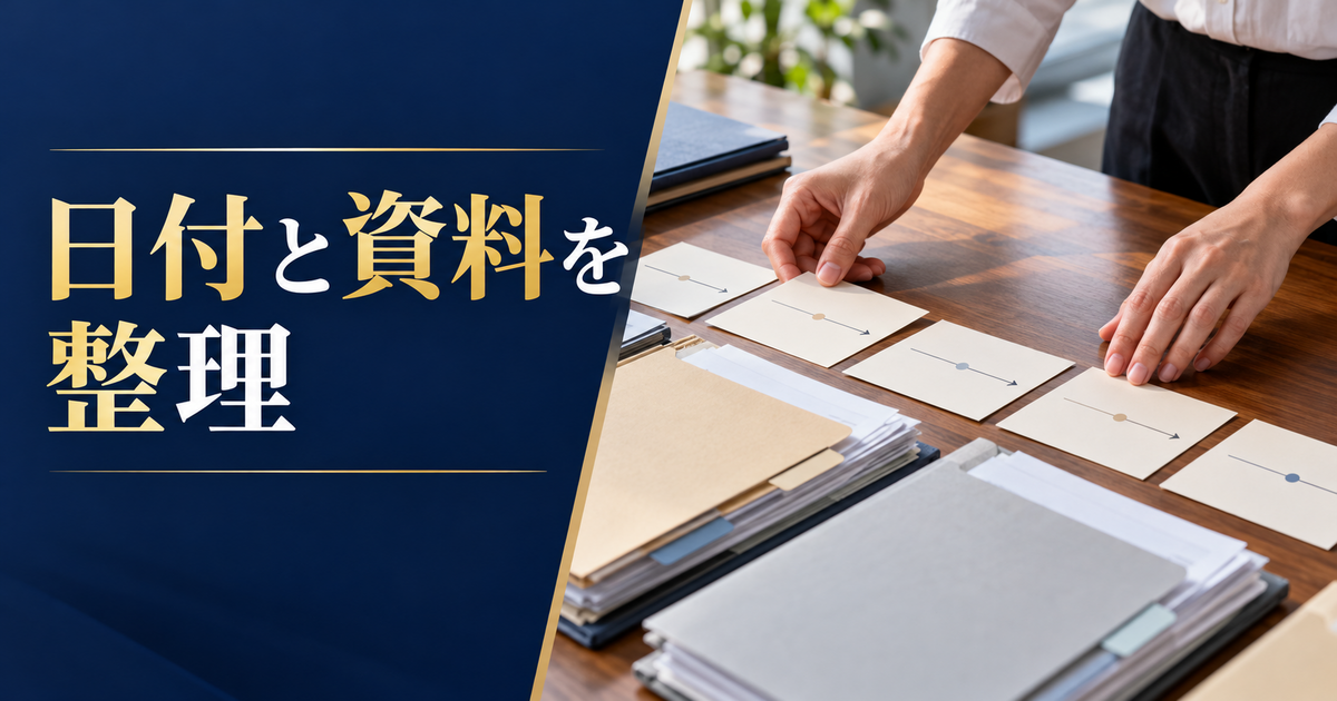 日付順に並べた文書と相談用の時系列メモ