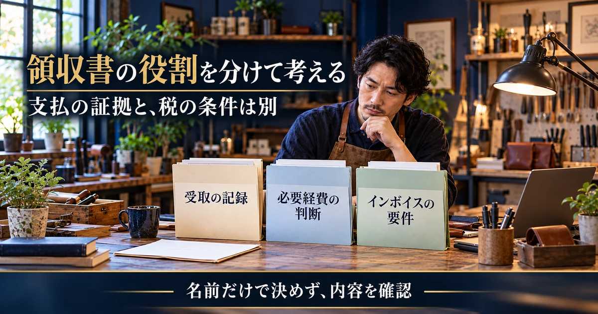 領収書の役割を分けて考える:支払の証拠と、税の条件は別を示す説明用生成画像
