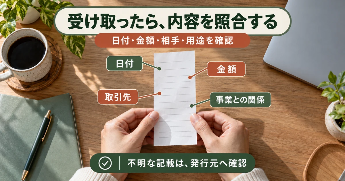 受け取ったら、内容を照合する:日付・金額・相手・用途を確認を示す説明用生成画像