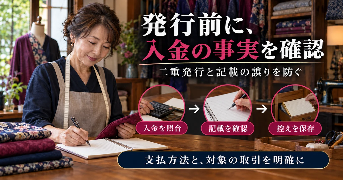 発行前に、入金の事実を確認:二重発行と記載の誤りを防ぐを示す説明用生成画像