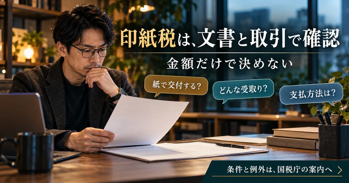 印紙税は、文書と取引で確認:金額だけで決めないを示す説明用生成画像