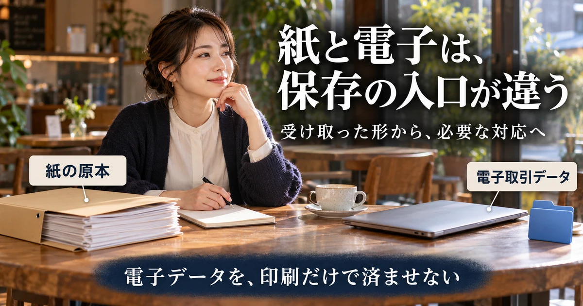 紙と電子は、保存の入口が違う:受け取った形から、必要な対応へを示す説明用生成画像