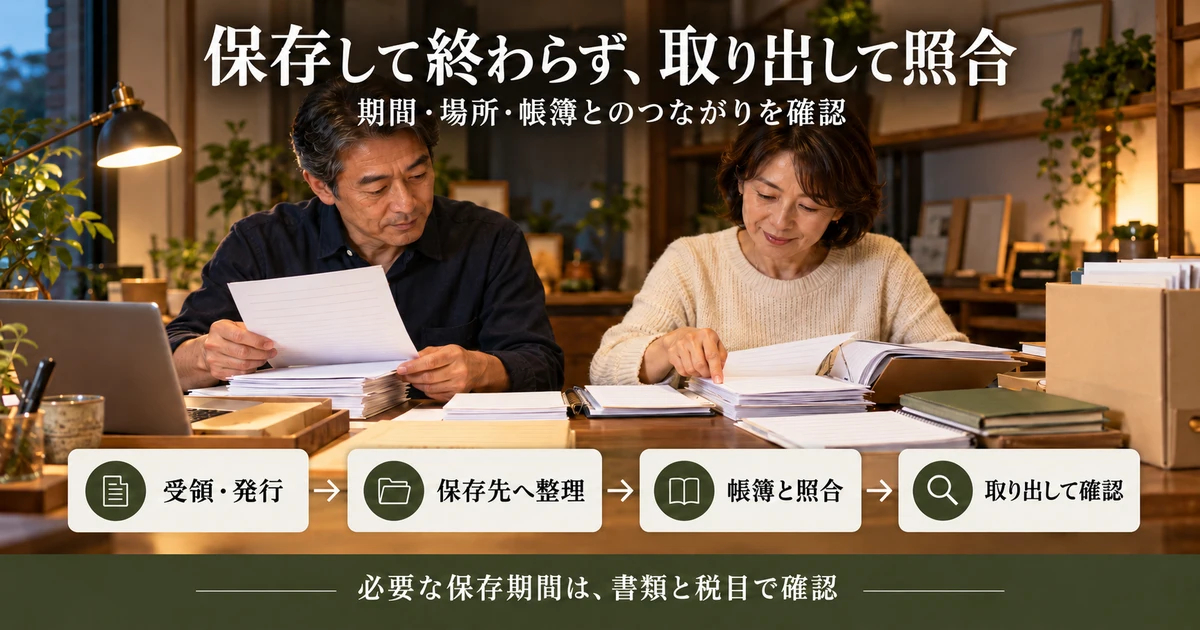保存して終わらず、取り出して照合:期間・場所・帳簿とのつながりを確認を示す説明用生成画像