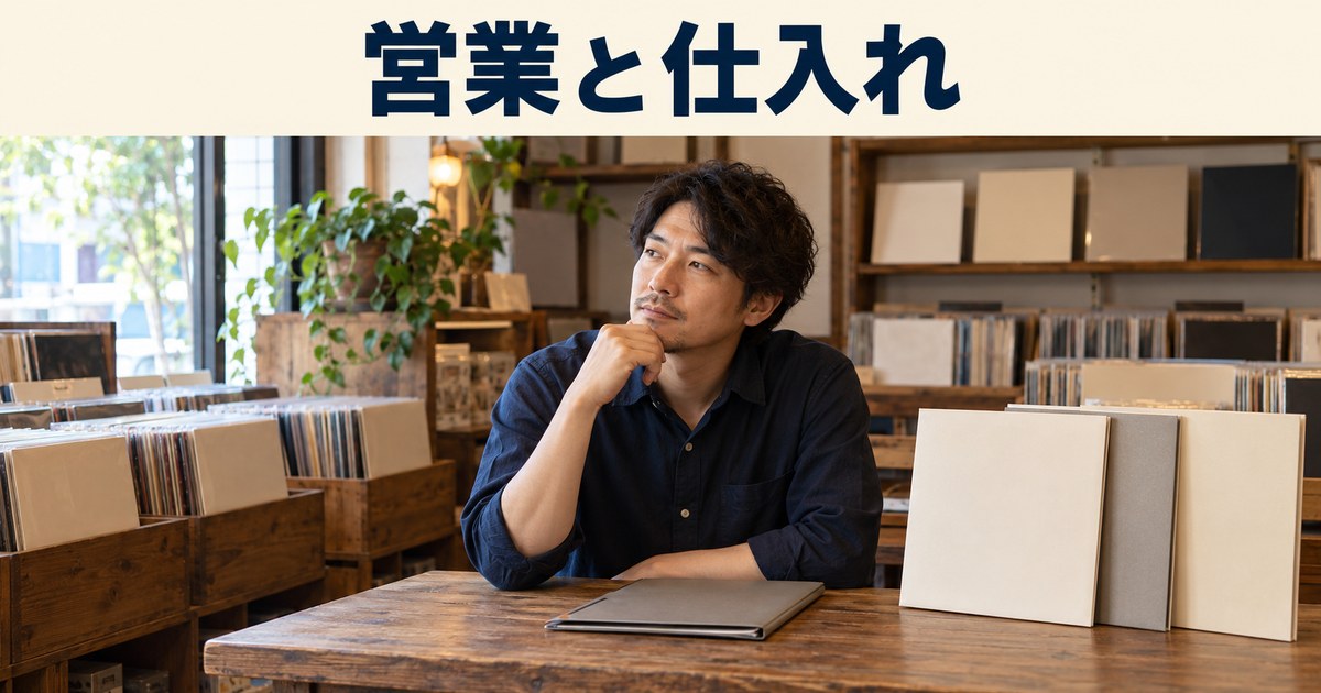 店主がレコード店の営業と仕入れの計画を考えるイメージ