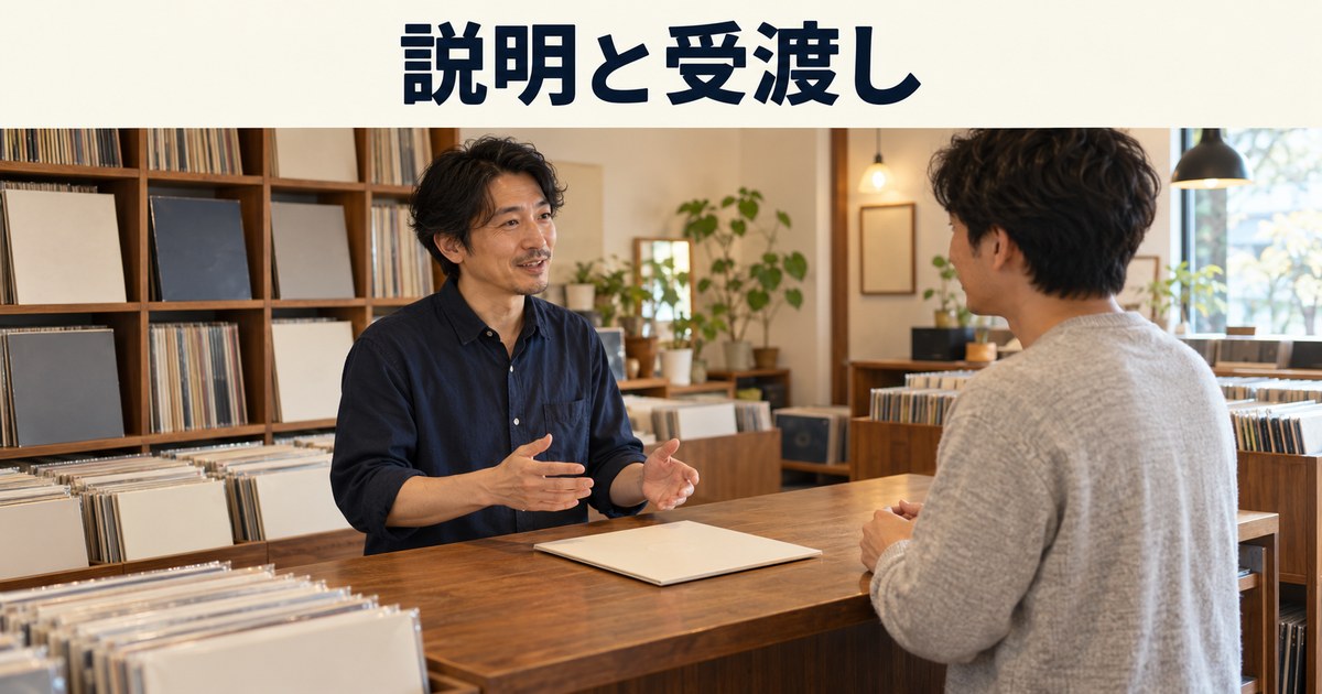店主と成人客が購入するレコードの説明を確認するイメージ