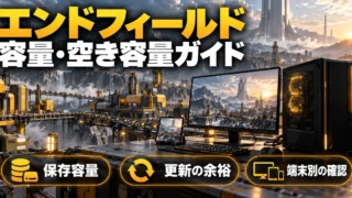「エンドフィールド 容量・空き容量ガイド」をテーマに、保存容量・更新の余裕・端末別の確認を図解した生成画像