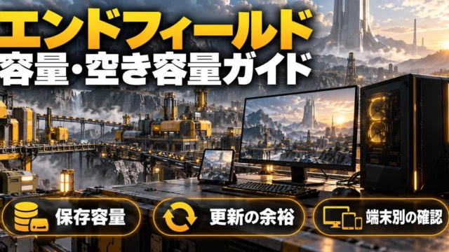 「エンドフィールド 容量・空き容量ガイド」をテーマに、保存容量・更新の余裕・端末別の確認を図解した生成画像