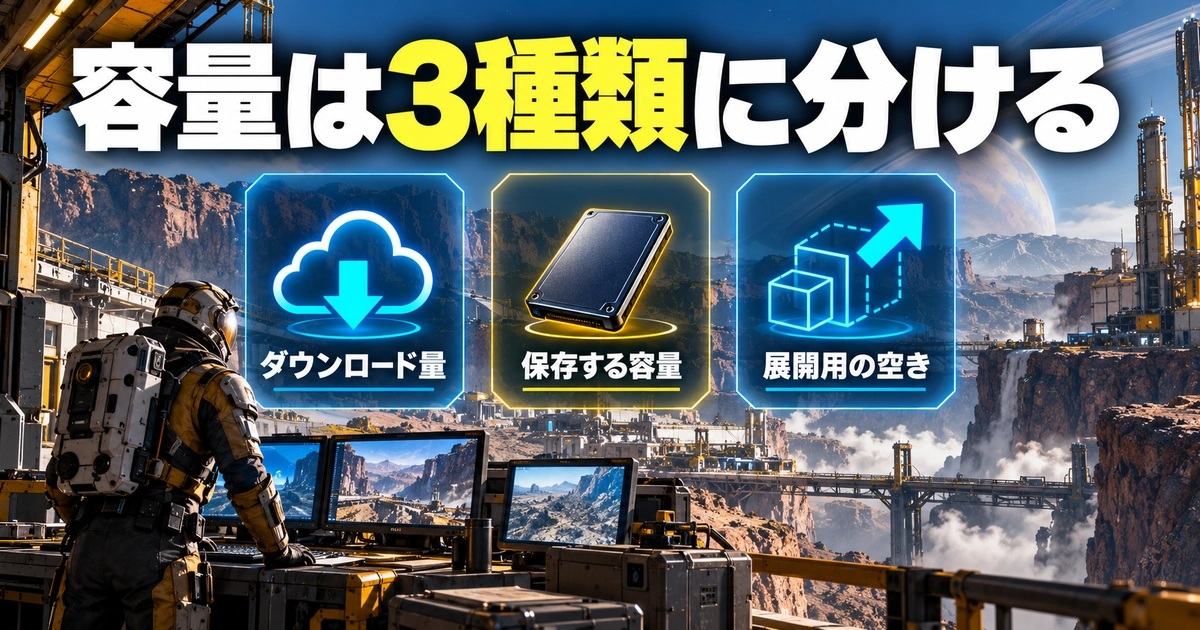 「容量は3種類に分ける」をテーマに、ダウンロード量・保存する容量・展開用の空きを図解した生成画像