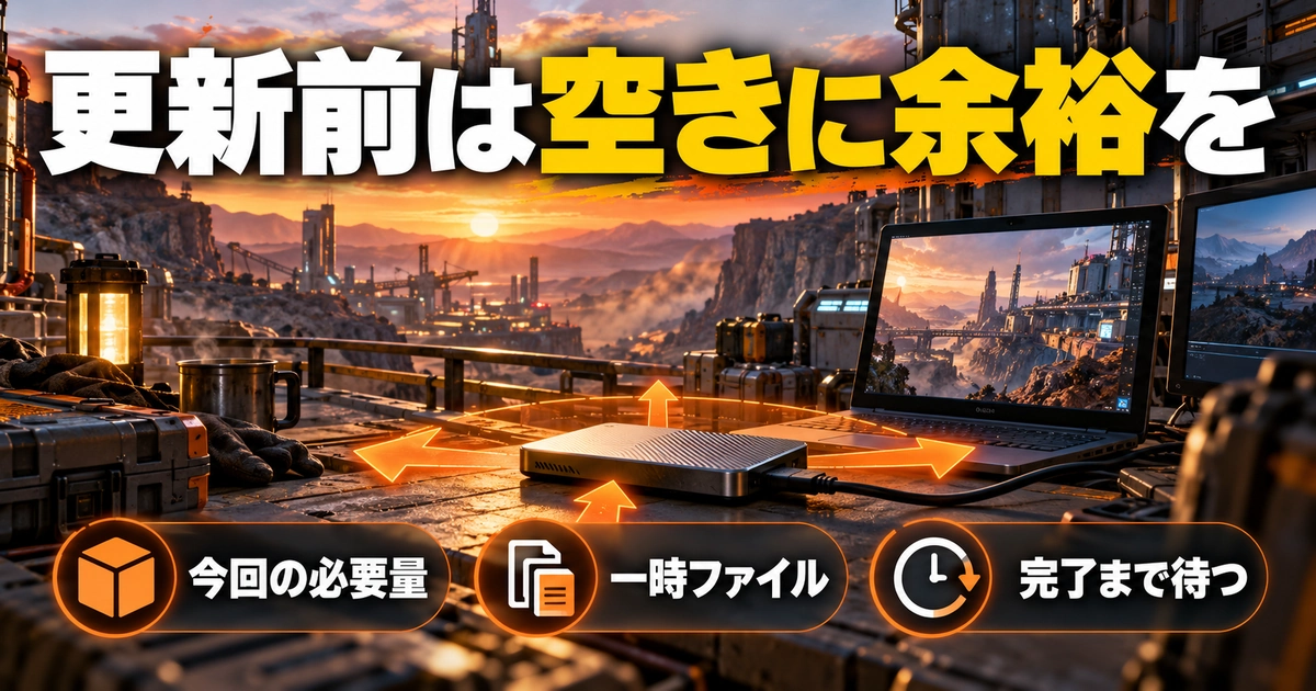 「更新前は空きに余裕を」をテーマに、今回の必要量・一時ファイル・完了まで待つを図解した生成画像
