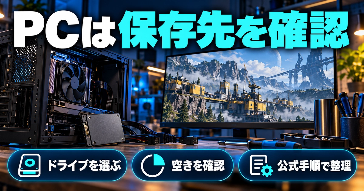 「PCは保存先を確認」をテーマに、ドライブを選ぶ・空きを確認・公式手順で整理を図解した生成画像