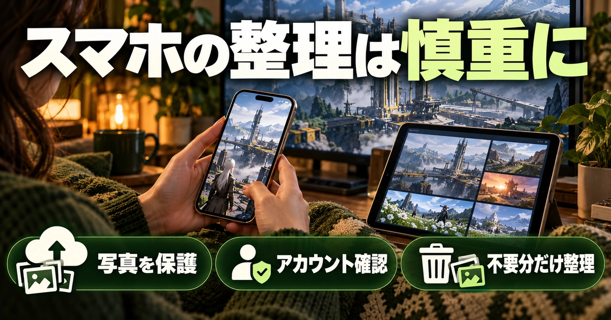 「スマホの整理は慎重に」をテーマに、写真を保護・アカウント確認・不要分だけ整理を図解した生成画像