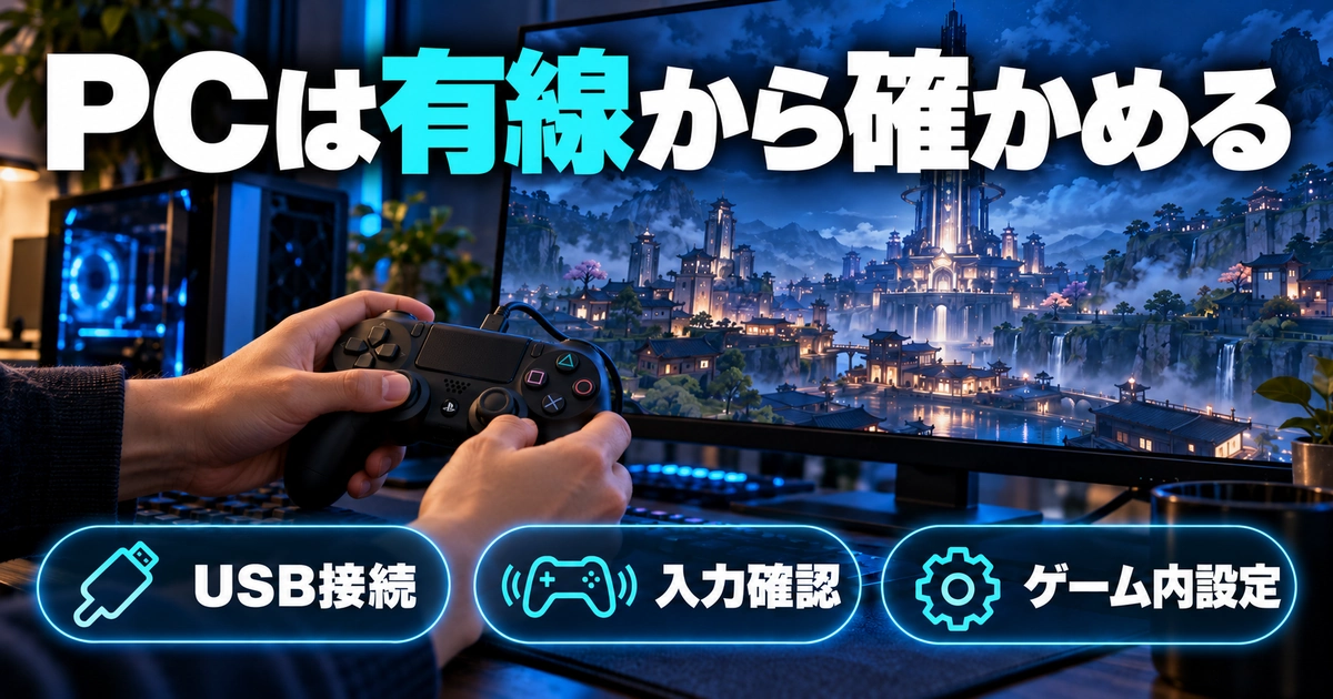 「PCは有線から確かめる」をテーマに、USB接続・入力確認・ゲーム内設定を図解した生成画像