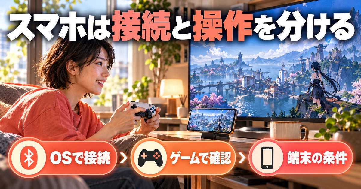 「スマホは接続と操作を分ける」をテーマに、OSで接続・ゲームで確認・端末の条件を図解した生成画像