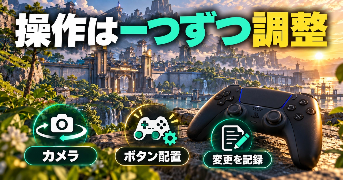 「操作は一つずつ調整」をテーマに、カメラ・ボタン配置・変更を記録を図解した生成画像