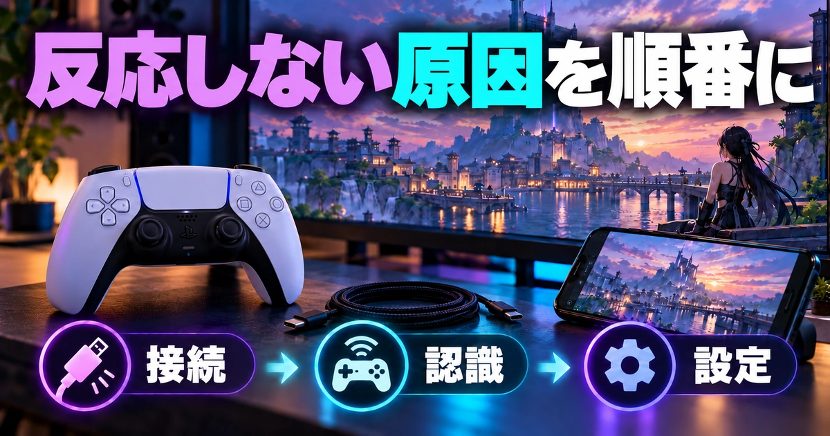 「反応しない原因を順番に」をテーマに、接続・認識・設定を図解した生成画像