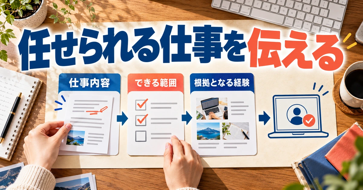クラウドワークスのプロフィールには「任せられる仕事」を書くを説明する生成イメージ