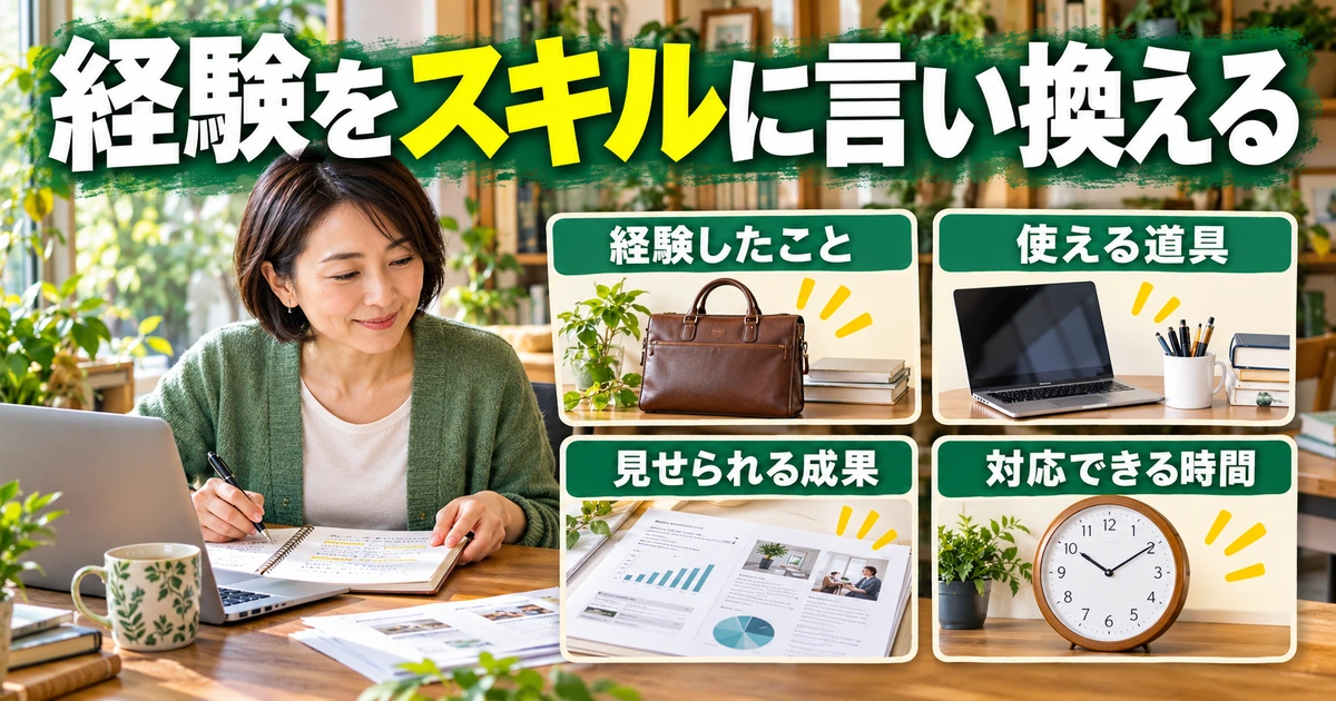 書く前に、経験とスキルを四つの項目で棚卸しするを説明する生成イメージ