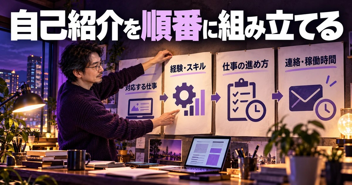 初心者向けプロフィールの構成と、職種別の自己紹介例文を説明する生成イメージ